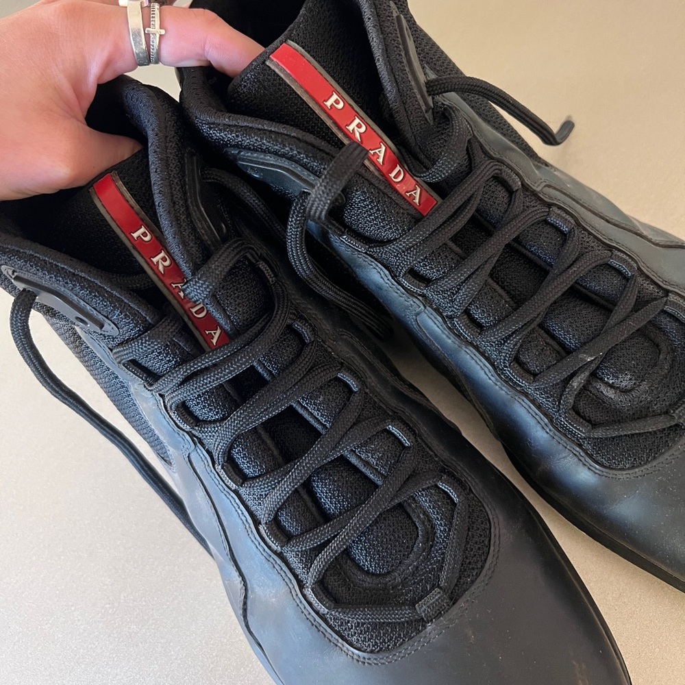 Prada America’s Cup High-Top Sneakers (Black/Red Line) – Men’s US 12 / EU 45